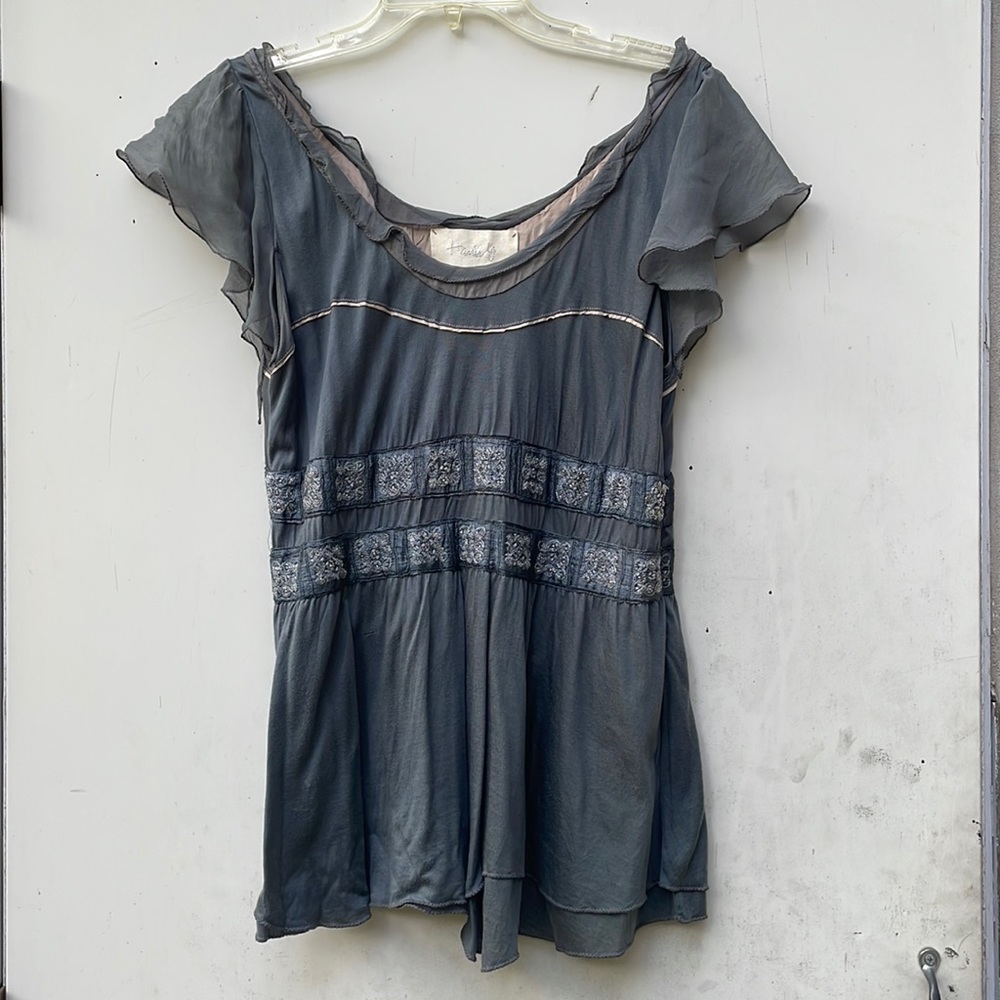 Slate blue-grey beaded and embroidered blouse